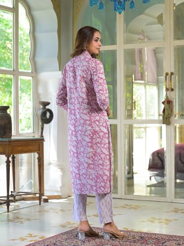 Divena White & Pink Cotton Block Print Kurta Pant with Dupatta