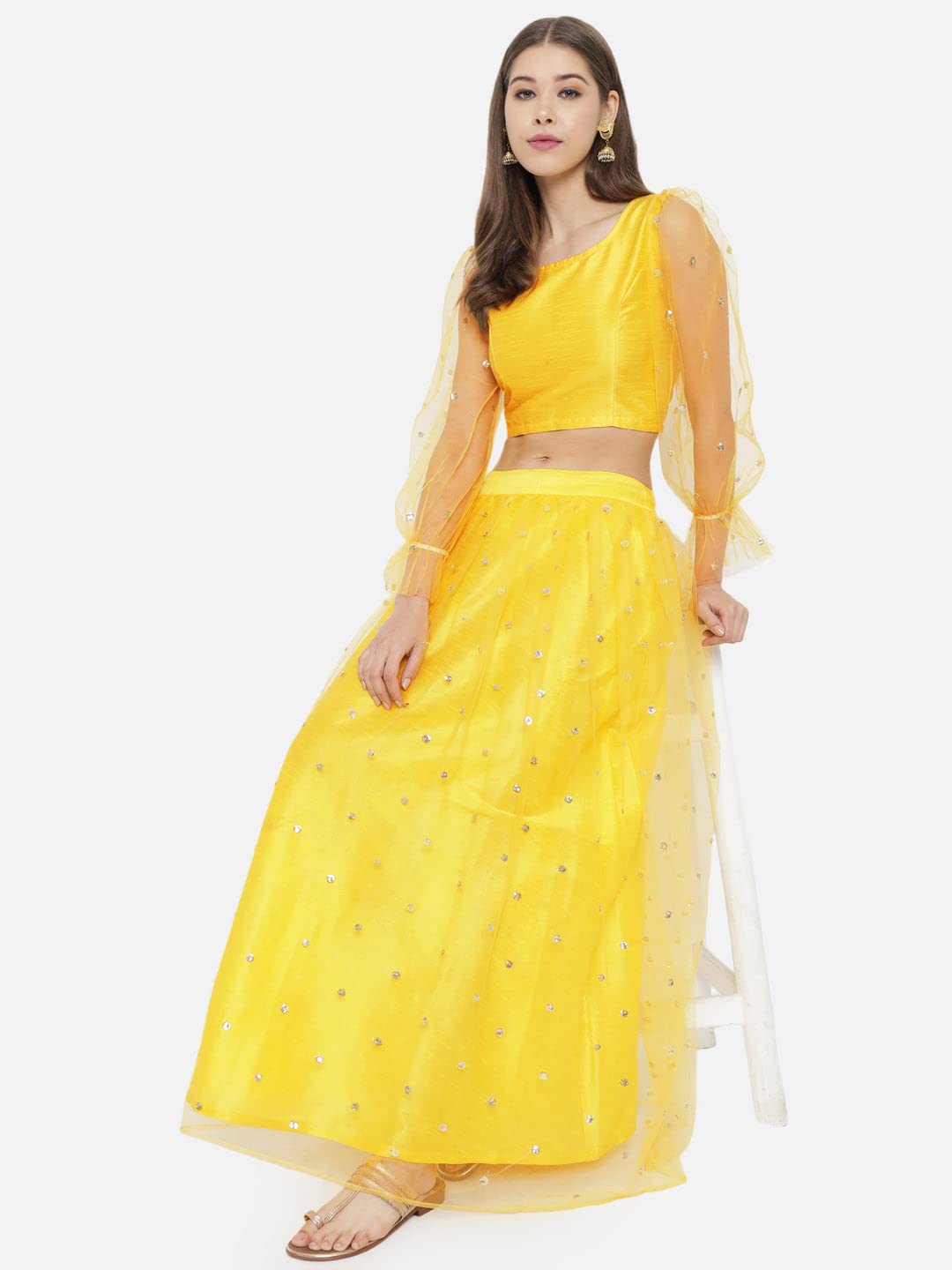 studio rasa Women's Net Sequins Embroidered Gathered Lehenga Set for Wedding Festive Party (LHSC12201L_Yellow_Large)