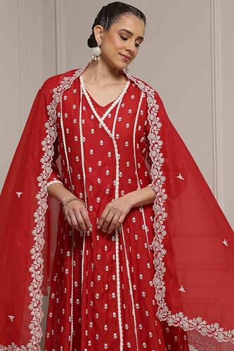 Biba Women Red Chanderi Embroidered Kalidar Suit Set_36