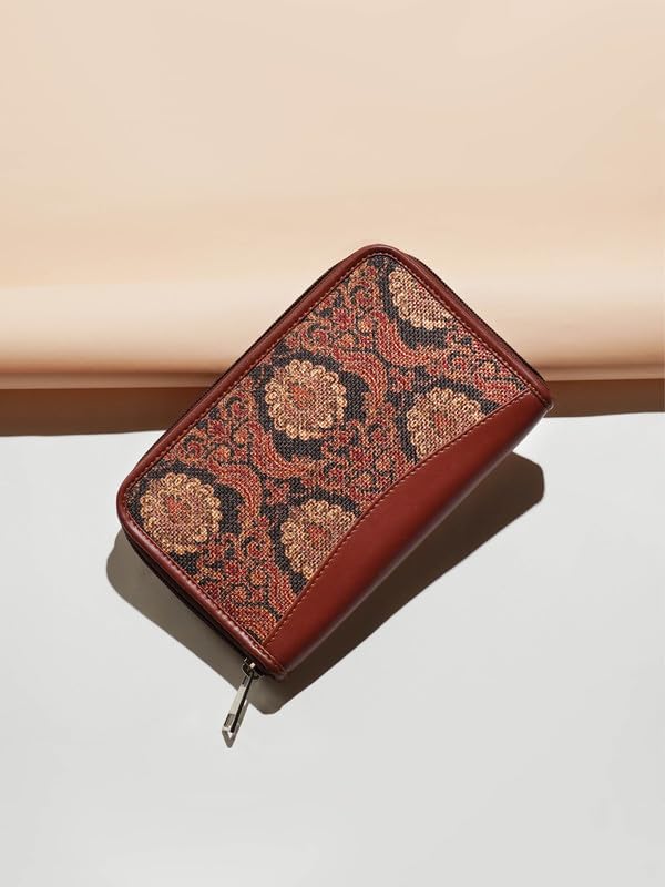 ZOUK Jodhpur Damask Motif Printed Women Jute Vegan Leather Brown Trendy Fashionable Ladies Hand Wallet/Purses