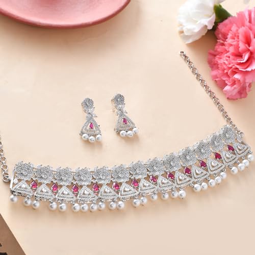 VOYLLA Cz Elegance Gems Adorned Choker Necklace Set For Women|Womens Jewellery Set|Gift For Women|Womens Gift|Gift For Her|