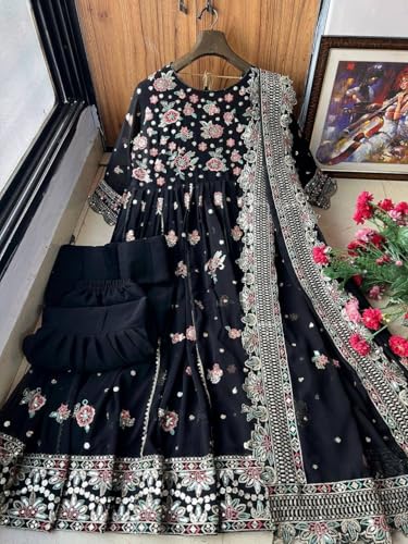 styledaura Embroidered Anarkali Gown with Dupatta and Pant | Floral Georgette Silk Fully Stitched Ethnic Suit for Women | Ethnic Wear Designer Anarkali Dress Set (Size-2XL, Black)