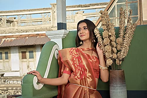 Vardha Women's Organza Art Silk Saree with Unstitched Blouse Piece - Zari Woven Work Sarees for Wedding (Kalini Silk, 435, Peach)