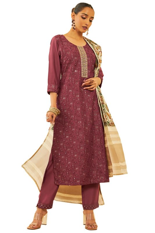 Soch Womens Maroon Silk Blend Embroidered Suit Set with Zardosi Sequinned Work