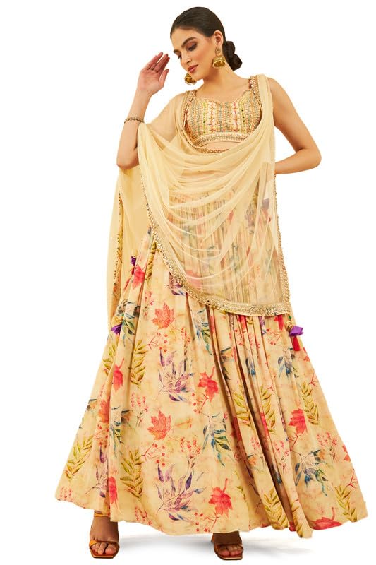 Soch Womens Beige Crepe Embellished Lehenga Choli with Mirror Work