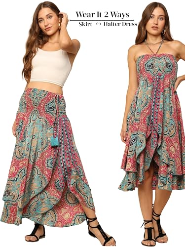 KE KANHA EXPORTS Convertible Dress|Boho Dress for Women|Beach Wear |Border Print 3 Way Tube Halter Skirt Style|Multicolor|Easily fits S-M-L|Bust 28-46 Inches Length 38 Inches