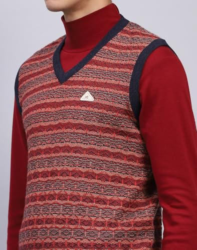 Monte Carlo Mens Striped Maroon V Neck Sleeveless Sweater (1239219SL-1-46)