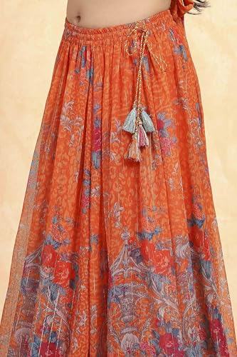 Biba Girl's Orage Polyester Prited Kalidar Lehega Set