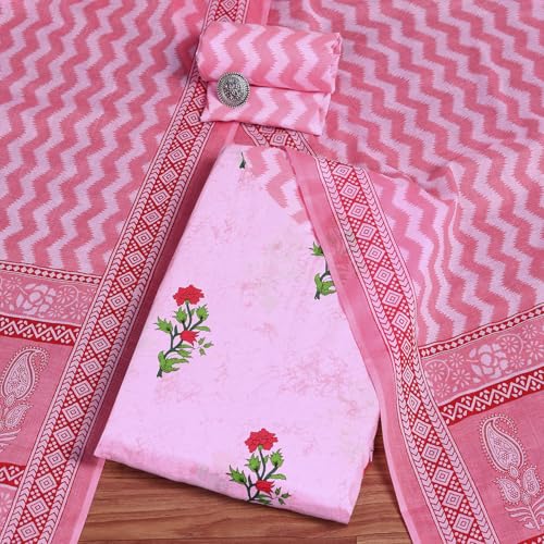 BIBA Women Pink Cotton Screen Print Unstitched Suit Set_FREE SIZE