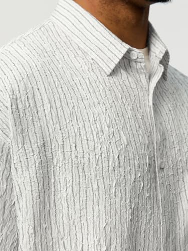 The Souled Store: Linear Men and Boys Short Sleeve Spread Collar Light Grey Textured Polyester Blend Lightweight Everyday Office Wear Drop Shoulder Streetwear Casual Oversized Shirt