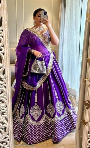 Forteo Fashion Wedding Embroidered Lehenga Choli, Purple with Silver Work, Heavy chinnon Work // Free size lahegha choli