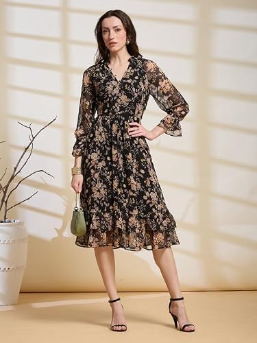 Latin Quarters Women's Black Printed V-Neck 3/4Th Sleeve Casual Fit & Flare Dress_M