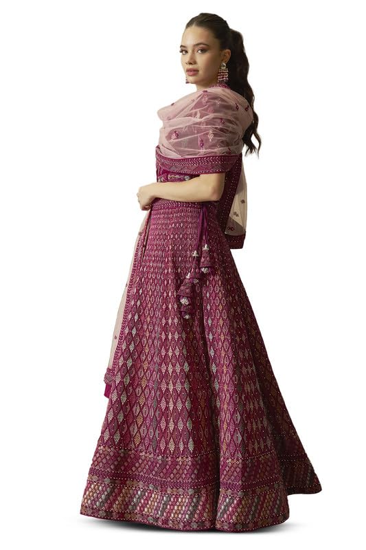 Soch Womens Wine Georgette Embroidered Unstitched Lehenga Set with Stone Embellishments