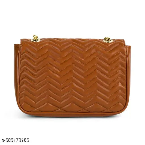 Berrylush Women Solid Tan Synthetic Leather Chain Strap One-Handle Quilted Sling Bag