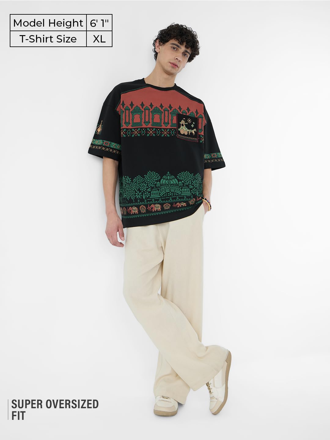 The Souled Store Kurukshetra Men and Boys Short Sleeves Round Neck Black All Over Printed Cotton Super Oversized T-Shirts