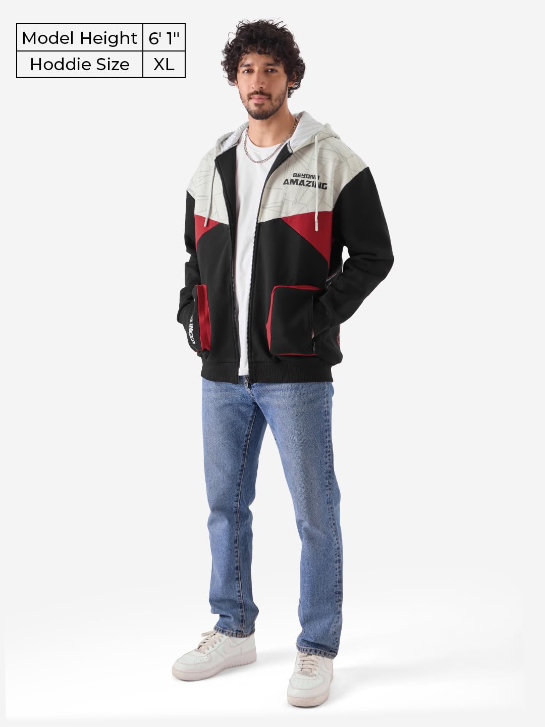 The Souled Store Spiderman: Beyond Amazing Men and Boys Hooded Neck Long Sleeve Graphic Printed Black and Grey Oversized Fit Zipper Hoodie Oversized Hoodies Sweatshirts Pullovers Graphic Printed