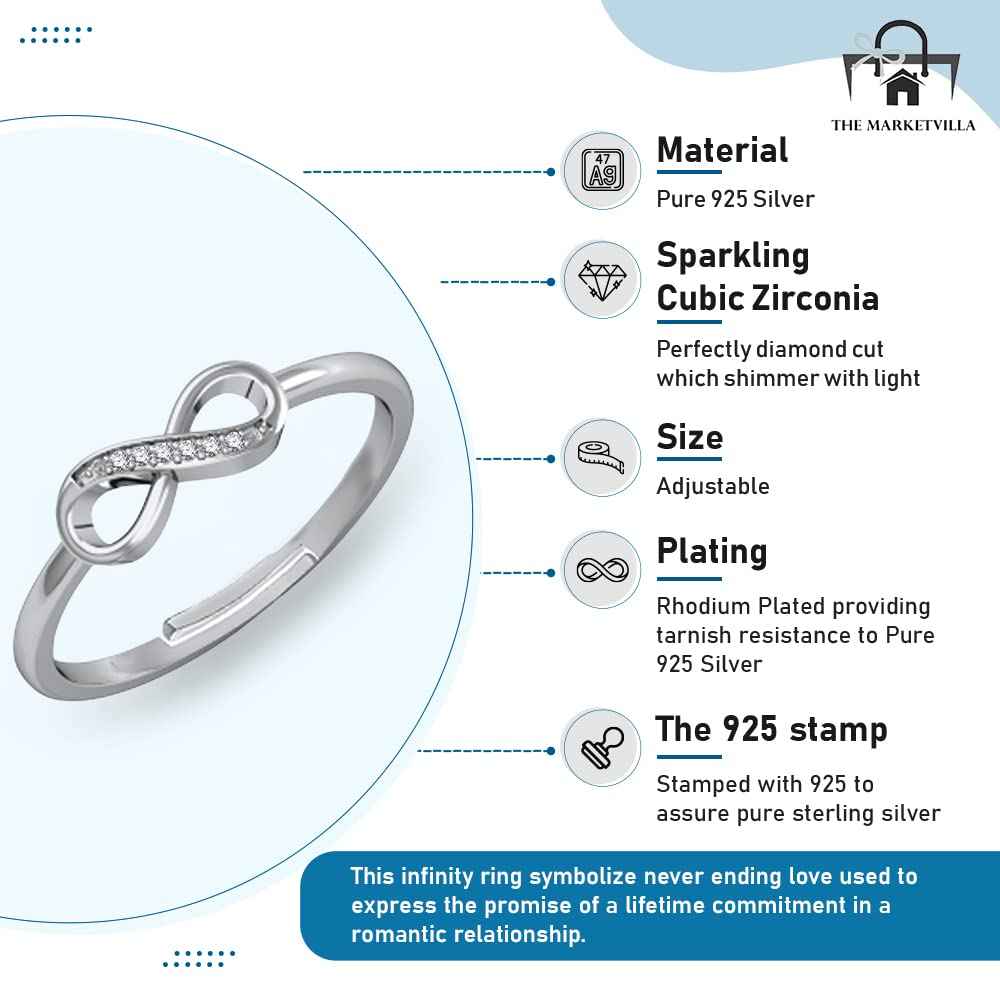 THE MARKETVILLA Pure 925 Sterling Silver Rings for Women, Infinity Style Ladies Anguthi - Ring for Girlfriend, Infinity Ring for Women Silver Rings for Girls - Adjustable (Classic)