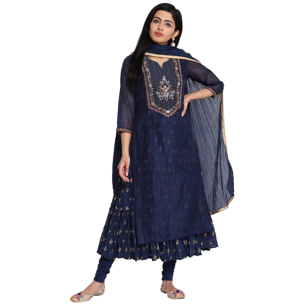 BIBA Women's Synthetic Yarndyed Fitted Salwar Kurta Dupatta(SKDFORMAL7204_NAVY_38)