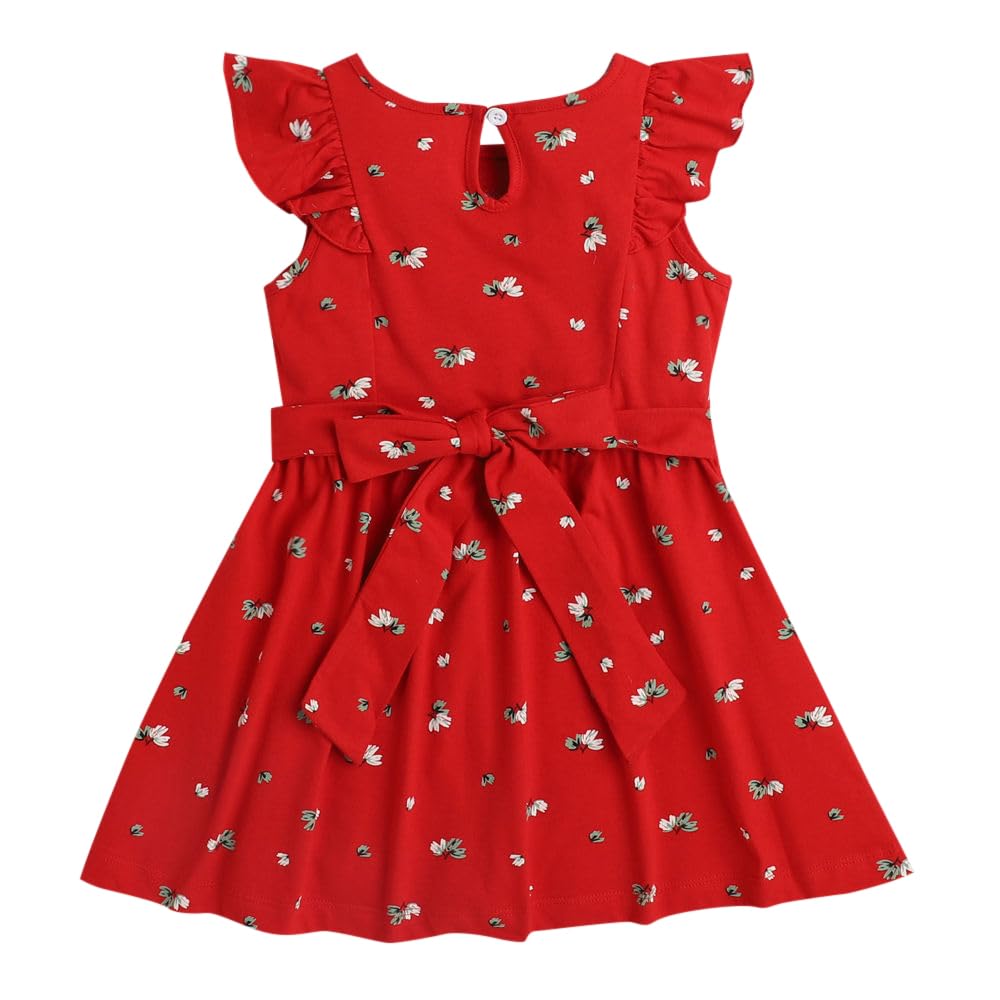 Hopscotch Girls Floral Print Casual Dress In Red Color for Ages 3-4 Years