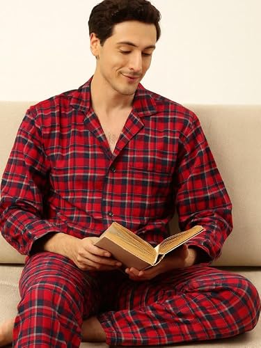 Hancock Men Cotton Checked Night Suit Blue Size XL