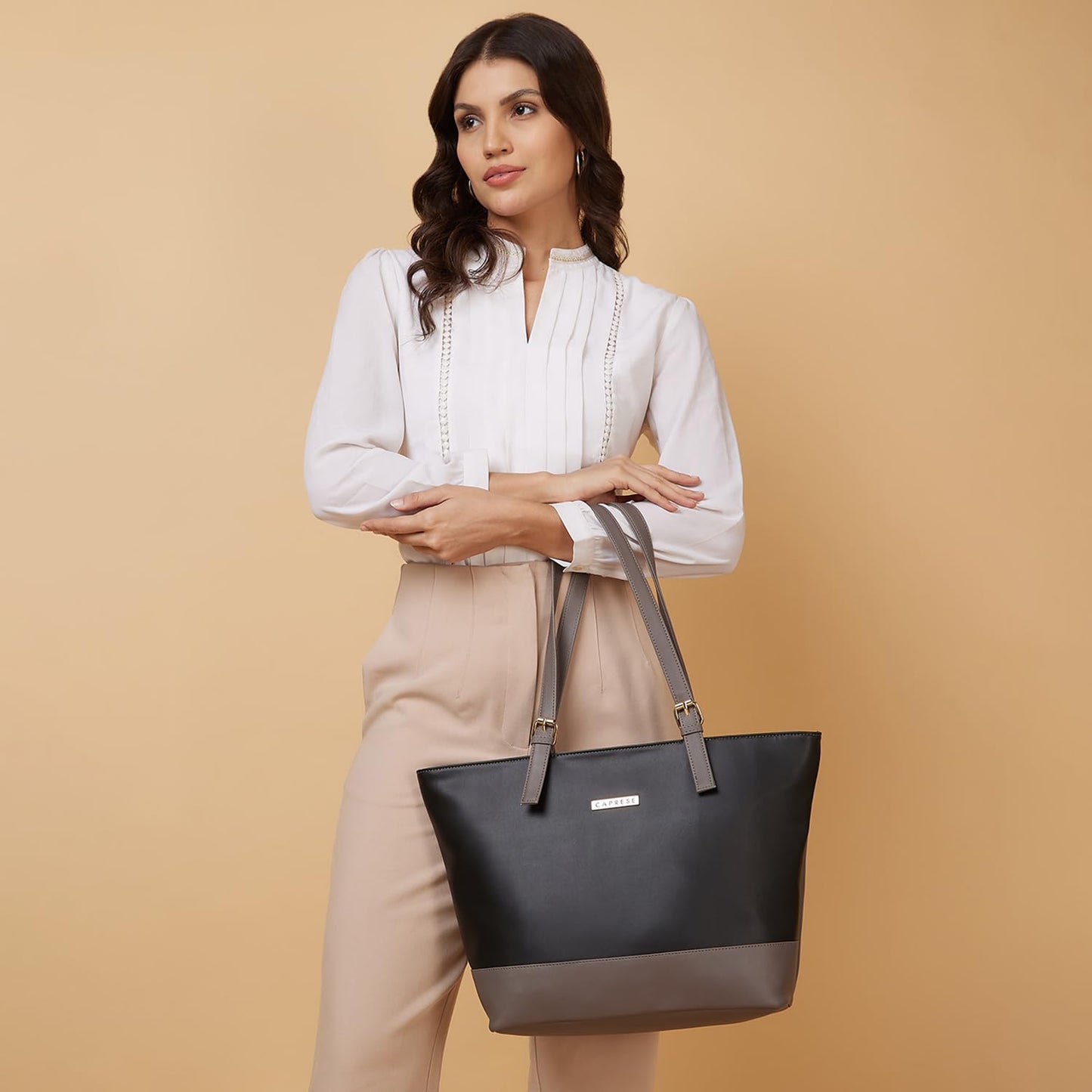 Caprese Brickly Tote Medium Black Shoulder Bag for Women Stylish, Spacious Design, Multi-Compartment, Durable, Comfortable Straps for Work, Travel, Shopping & Daily Use