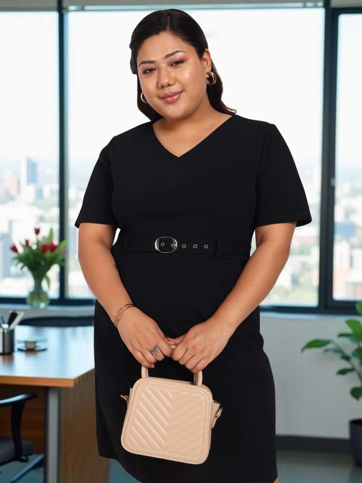 wild U Women Plus Size Western Dress | Stretchable | Pocket | Stylish | with Belt | Formal Office Wear (Black, Size : 6XL)