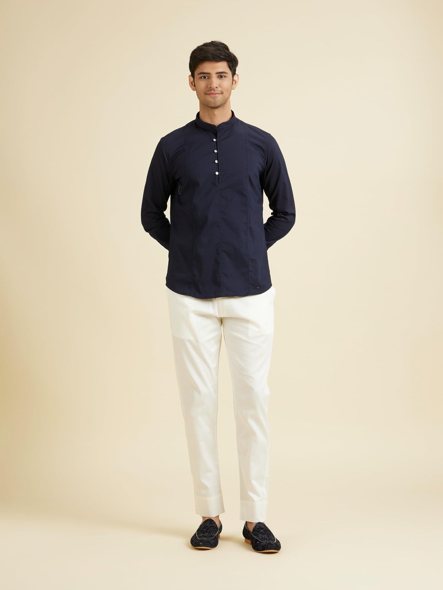 Manyavar Men's Viscose Blend Structured Short Kurta(Dark Blue,XXL)