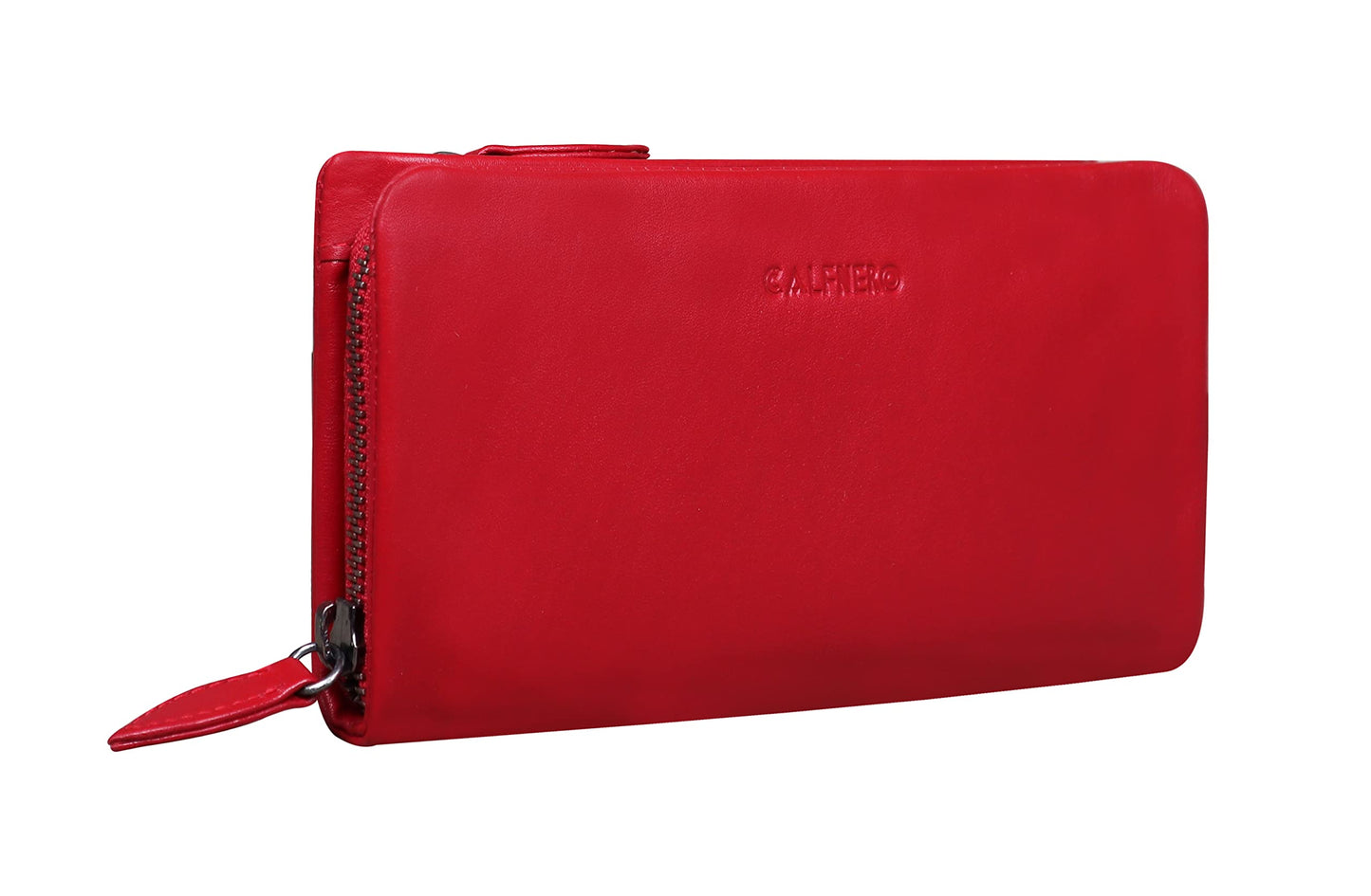 Calfnero Women's Genuine Leather Wallet-Long Purse Wallet with Multiple Card Slots, Zip Pocket and Note Compartments (Red)