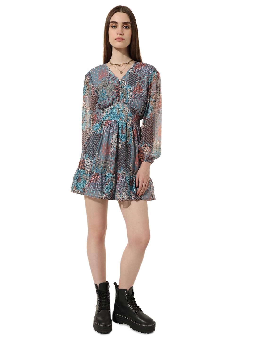 ONLY Women Printed Polyester Above Knee Multicolor Tiered Dress