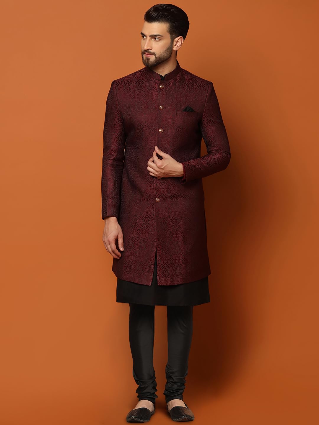 KISAH Mens Kurta Sherwani Churidar Set Silk Blend Jacquard, Indo-Western Ethnic Wear for Men, Maroon, 44