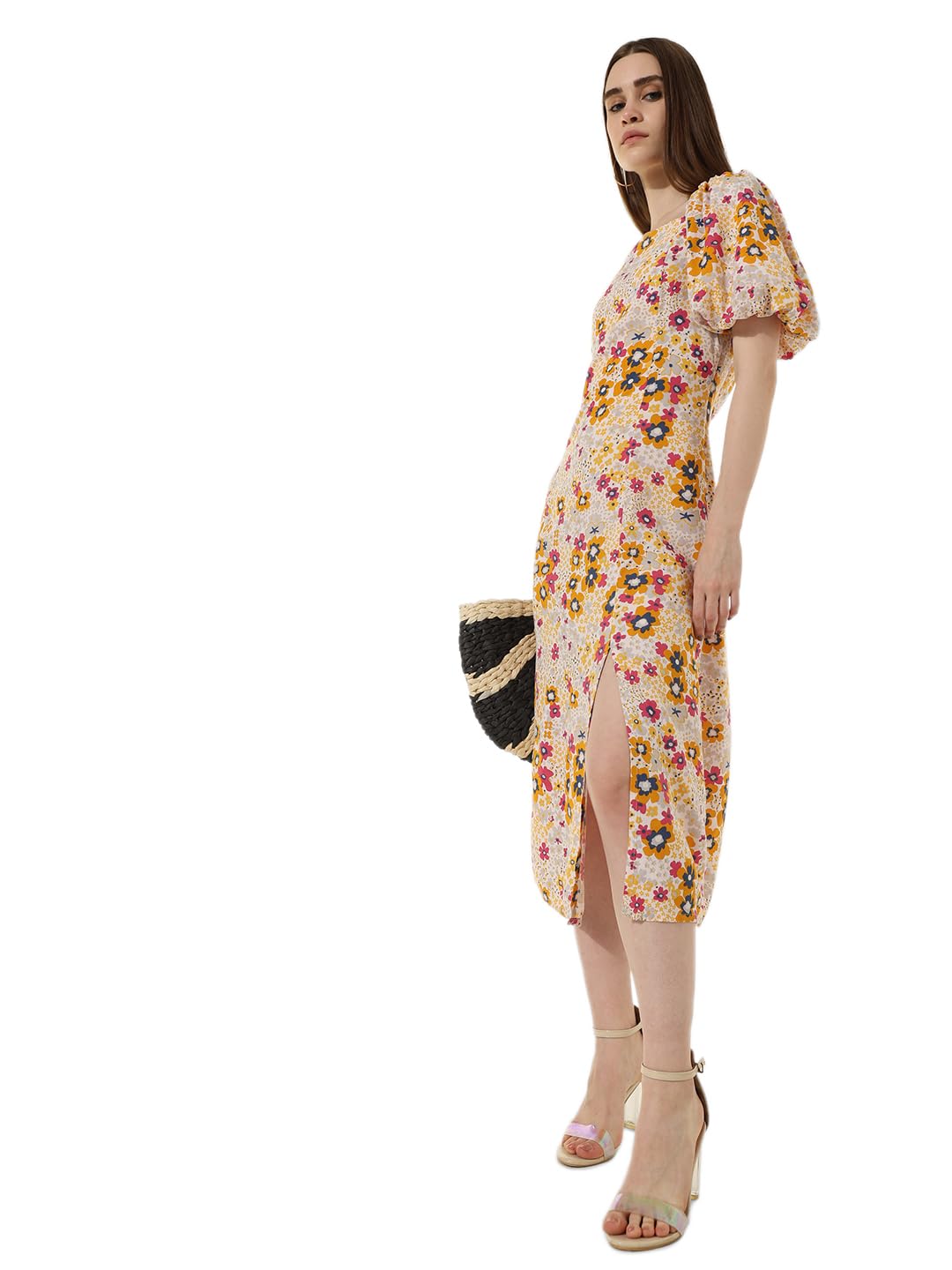 ONLY Women Printed Viscose Yellow Midi Dress