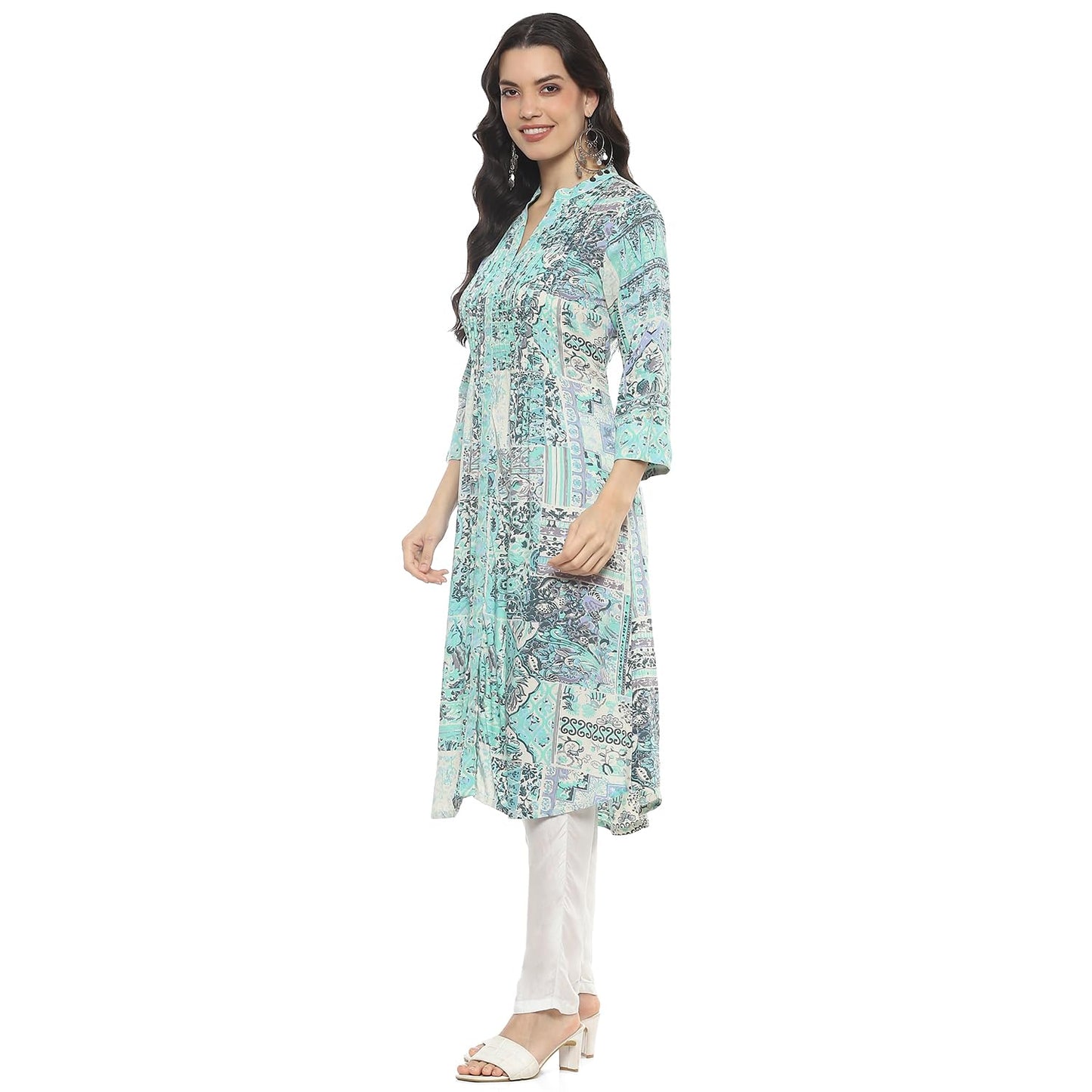 BIBA Regular Women Viscose Printed Kurti (SANGANERPATCHWORK20153SS24MINTBLU_Blue