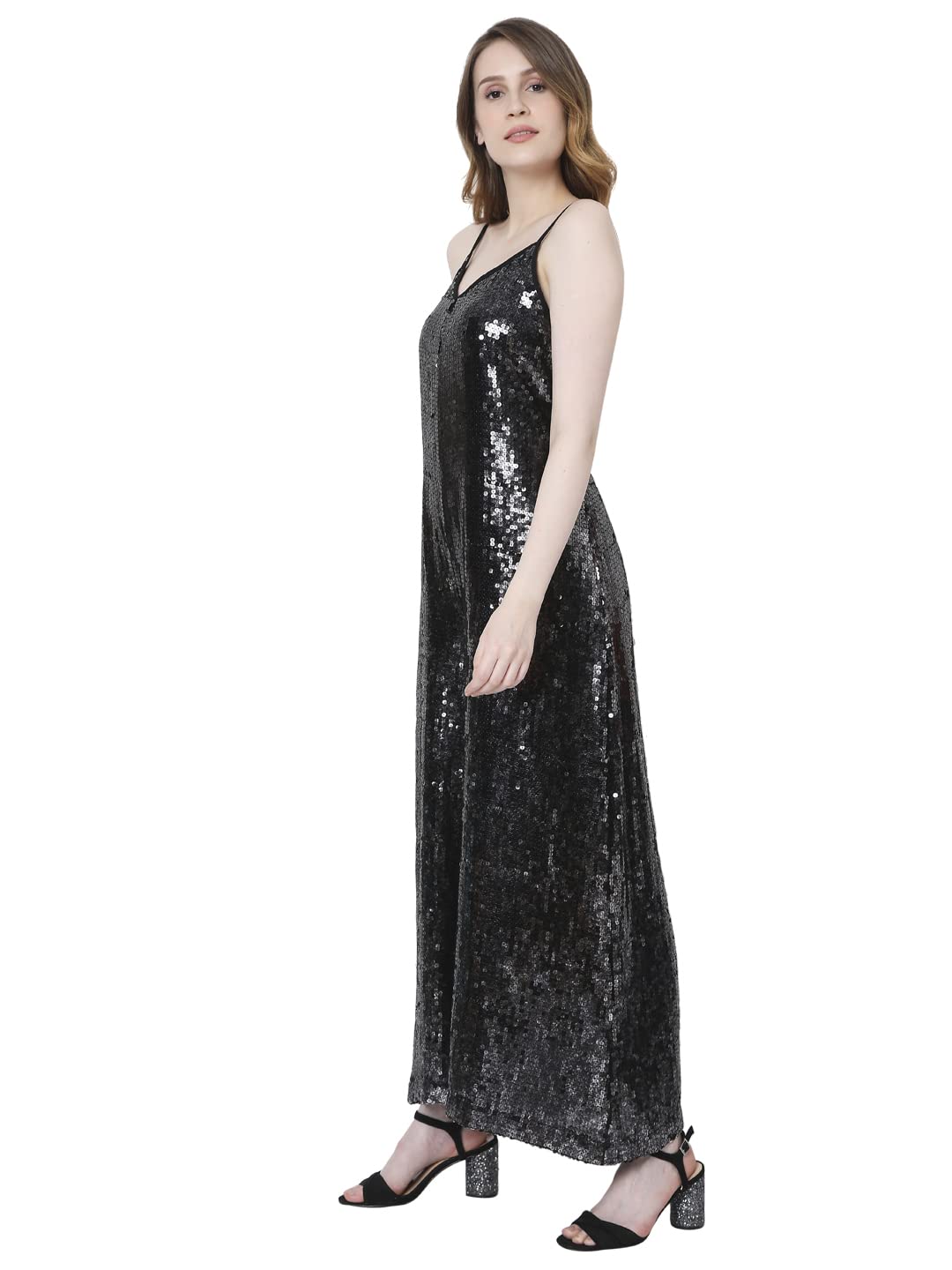 VERO MODA Women's Polyester Fit and Flare Maxi Dress (212322901- Black_L)