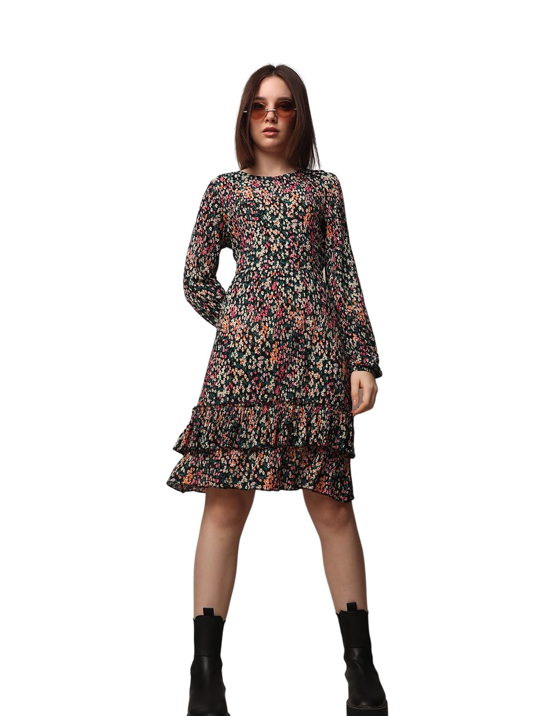 ONLY Women Floral Fit and Flare Casual Black Layered Dress