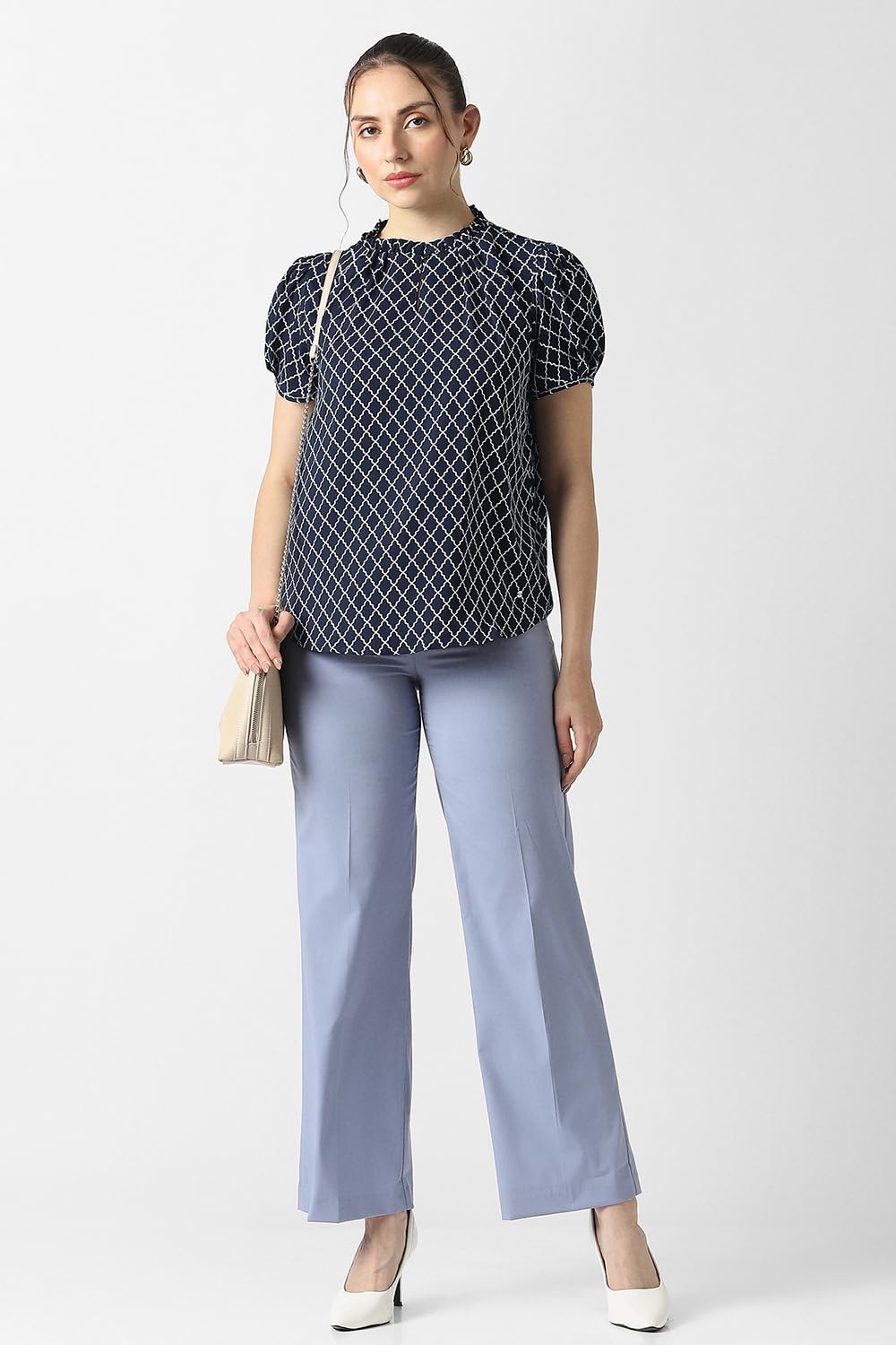 Women Navy Print Formal Round Neck Top