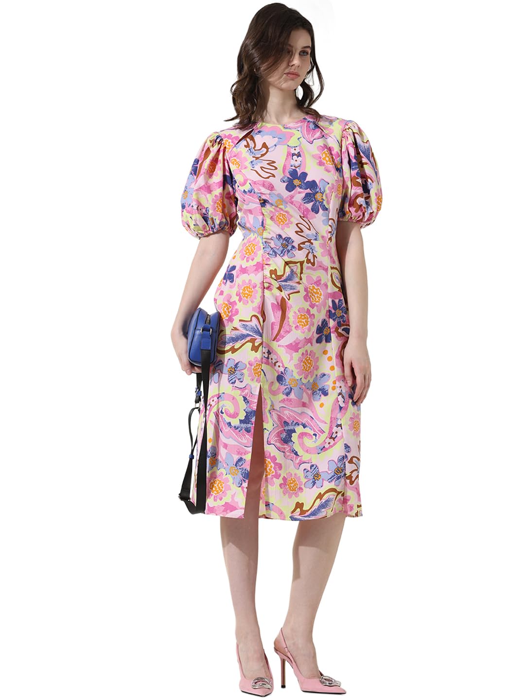 ONLY Women Printed Polyester Pink Midi Dress