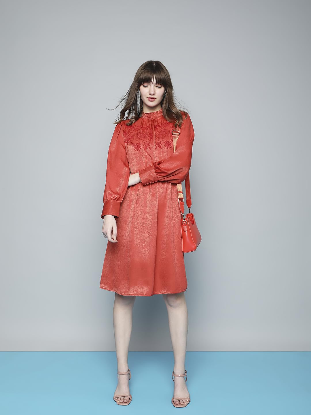 VERO MODA Women's Polyester A-Line Knee-Length Dress (10299553-Burnt Sienna_Burnt M) Orange