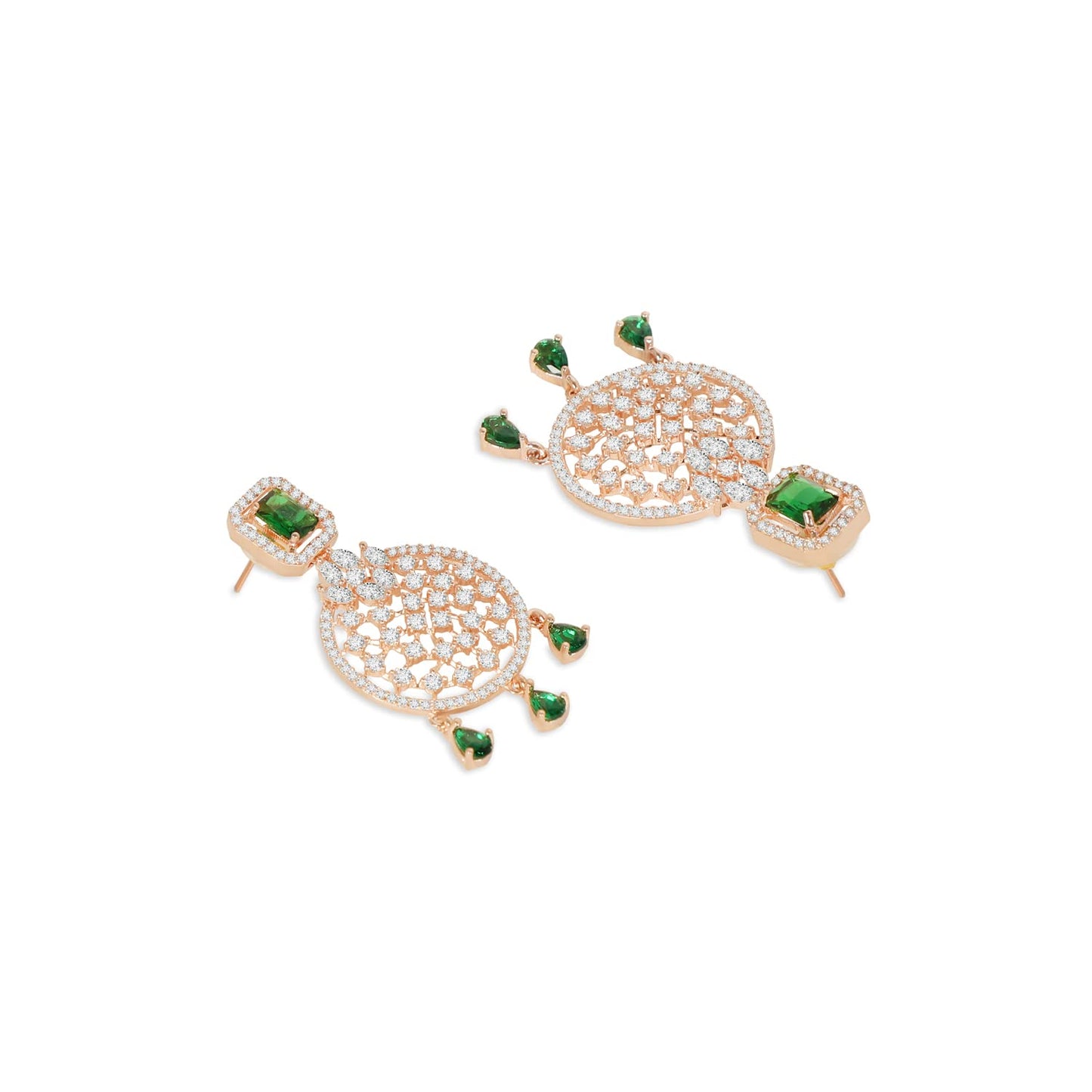 Accessher Rose Gold Plated American Diamond Studded Drop Earrings with Emerald Green Stones for Women | Elegant and Stylish Jewelry for Special Occasions