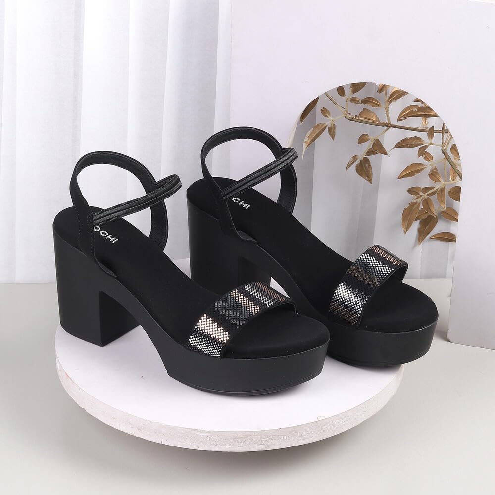 Mochi Women Black Elevated Fashion Sandals With Block Heel UK/7 EU/40 (34-272)
