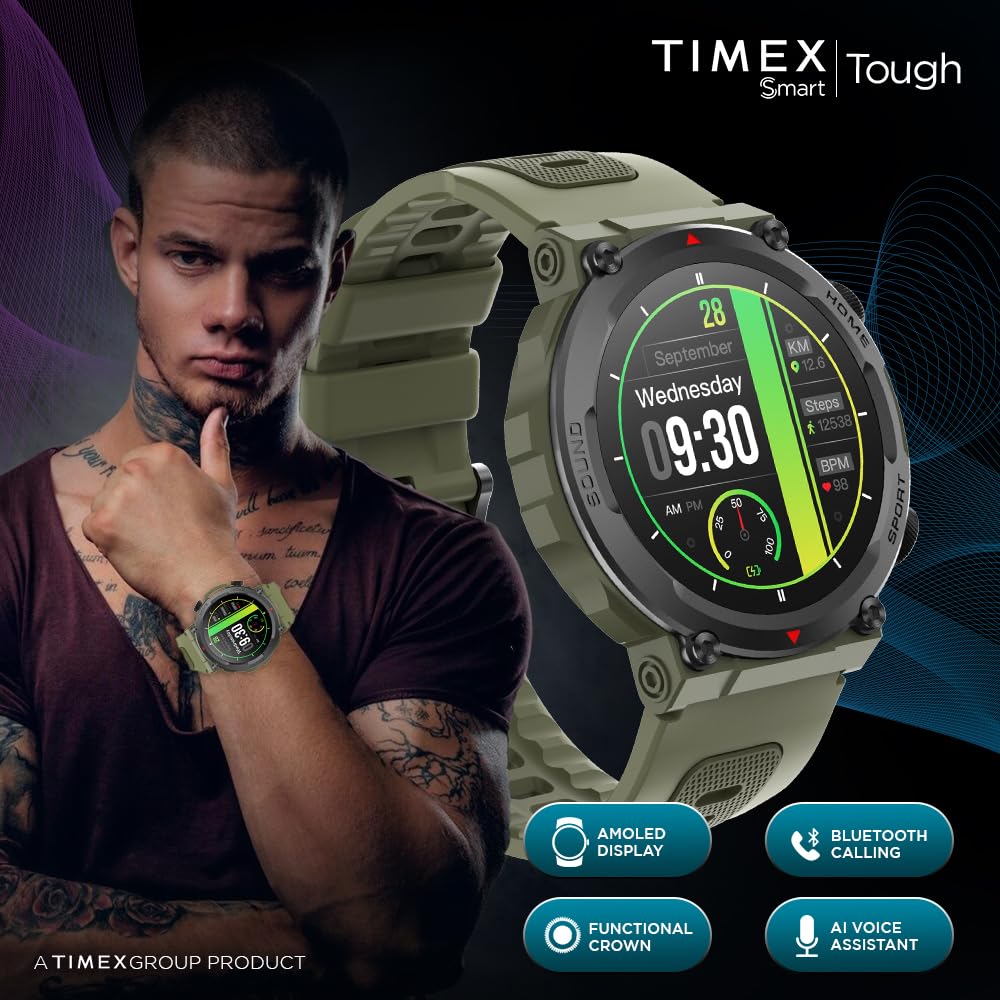 TIMEX Unisex-Adult Tough 1.43Round Amoled Rugged Smartwatch With 466X466 Pixel Resolution| Bluetooth Calling| Metallic Body|Always On Display|Ai Voice Assist|100+ Sports Modes|100+ Watchfaces