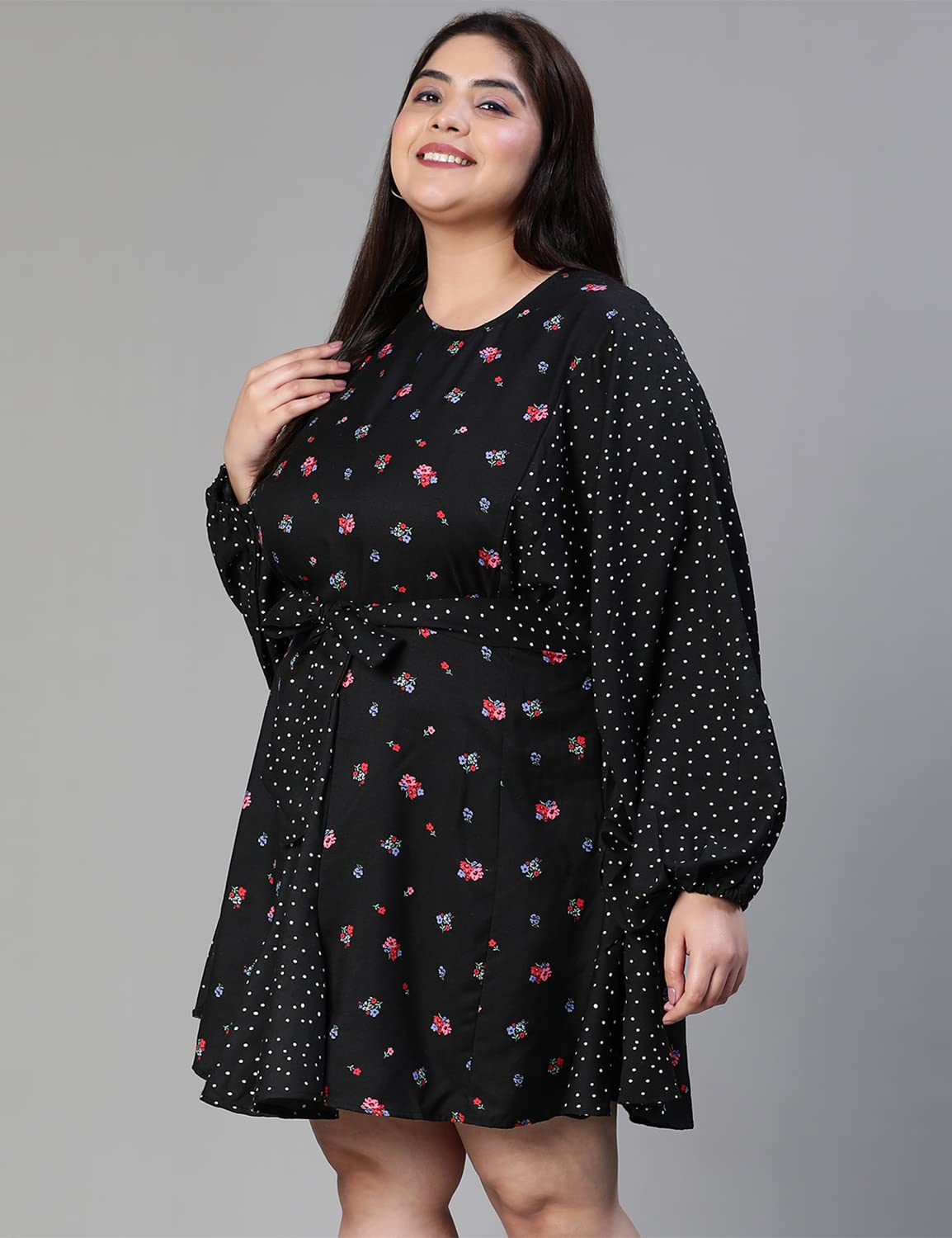 oxolloxo Women Plus Size Floral Print Tie-Knotted Round Neck Black Dress