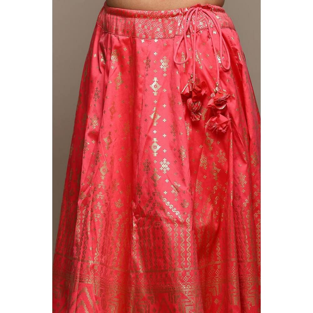 BIBA Tafetta Silk Women Printed Flared Salwar Kurta Dupatta(Skdsummer S8500_Coral Pink_34), Lehenga Choli Set, Readymade
