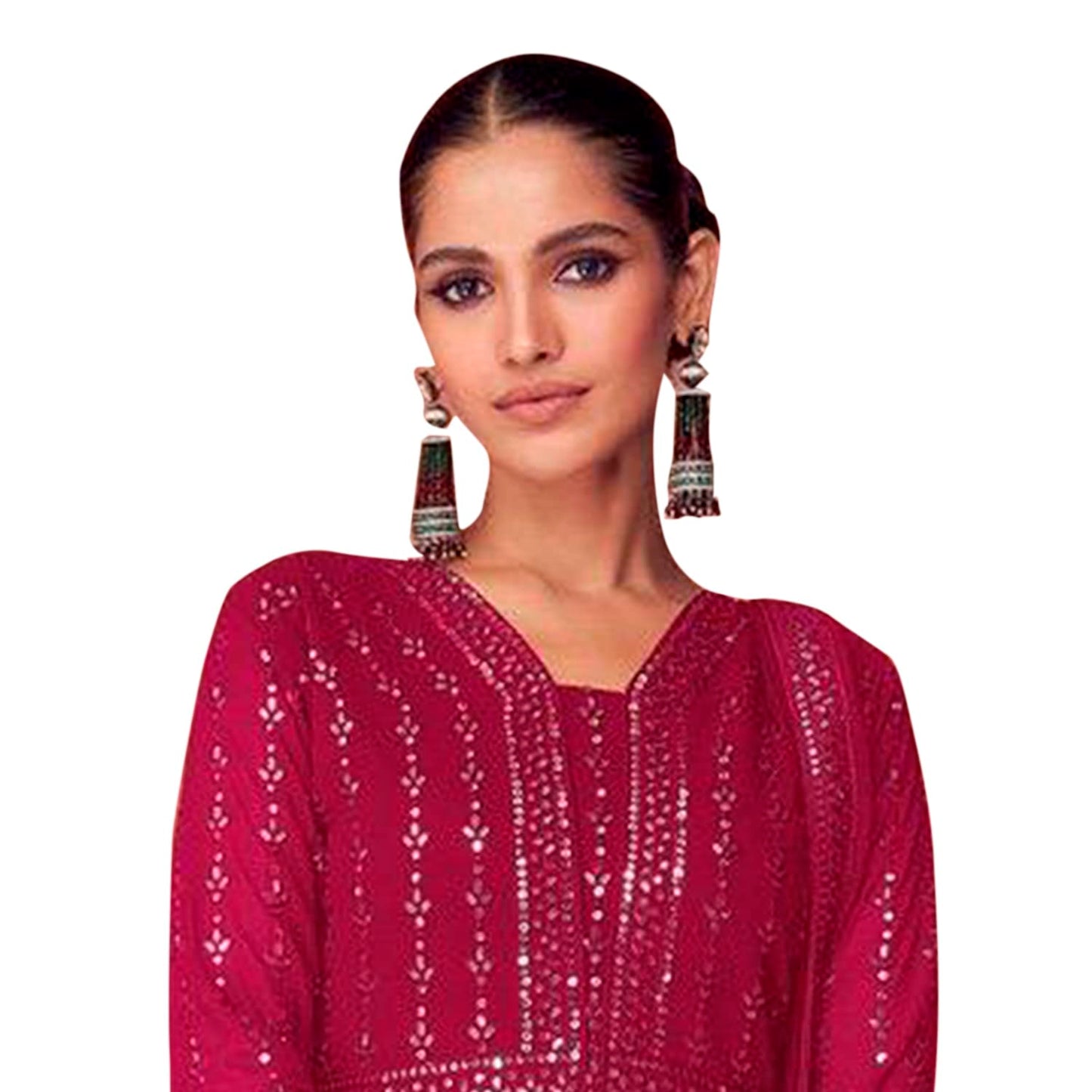 Miss Ethnik Women's Faux Georgette Full Sleeve Stitched Embroidered Floor Length Pink Anarkali Gown with Dupatta (ME-1106-Pink-L)