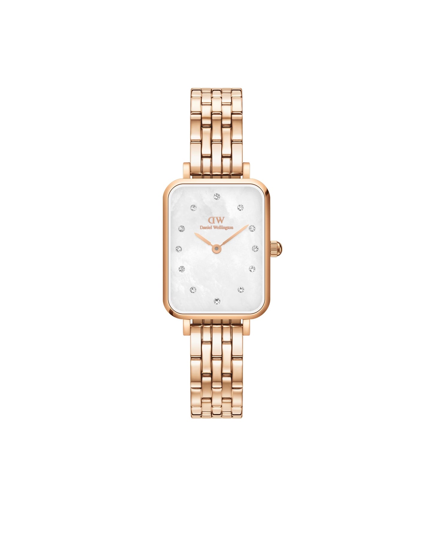 Daniel Wellington Stainless Steel Quadro Lumine 20X26 5-Link White Dial Women Analogue Watch, Rose Gold Band