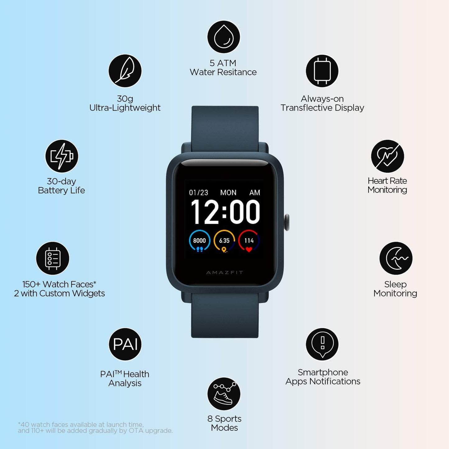 Amazfit Bip S Lite Smart Watch, 30 Days Battery Life, 150+ Watch Faces, Always-on Display, 30g Lightweight, 5 ATM Water Resistance, 8 Sports Modes (Oxford Blue)