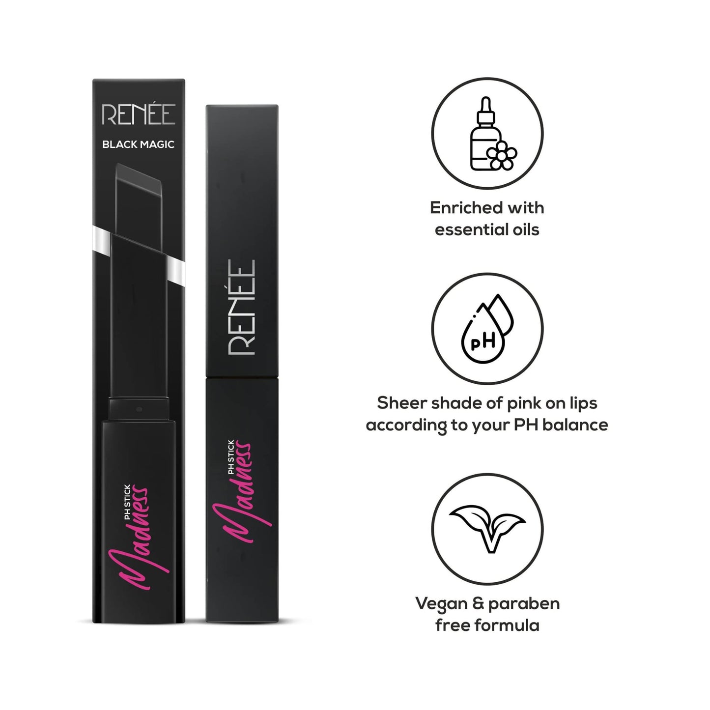 RENEE Madness Ph Lipstick | Black Lipstick With Glossy Pink Payoff| Long Lasting Nourishment, Enriched With Vitamin E & Jojoba Oil| Vegan & Paraben Free | 3gm