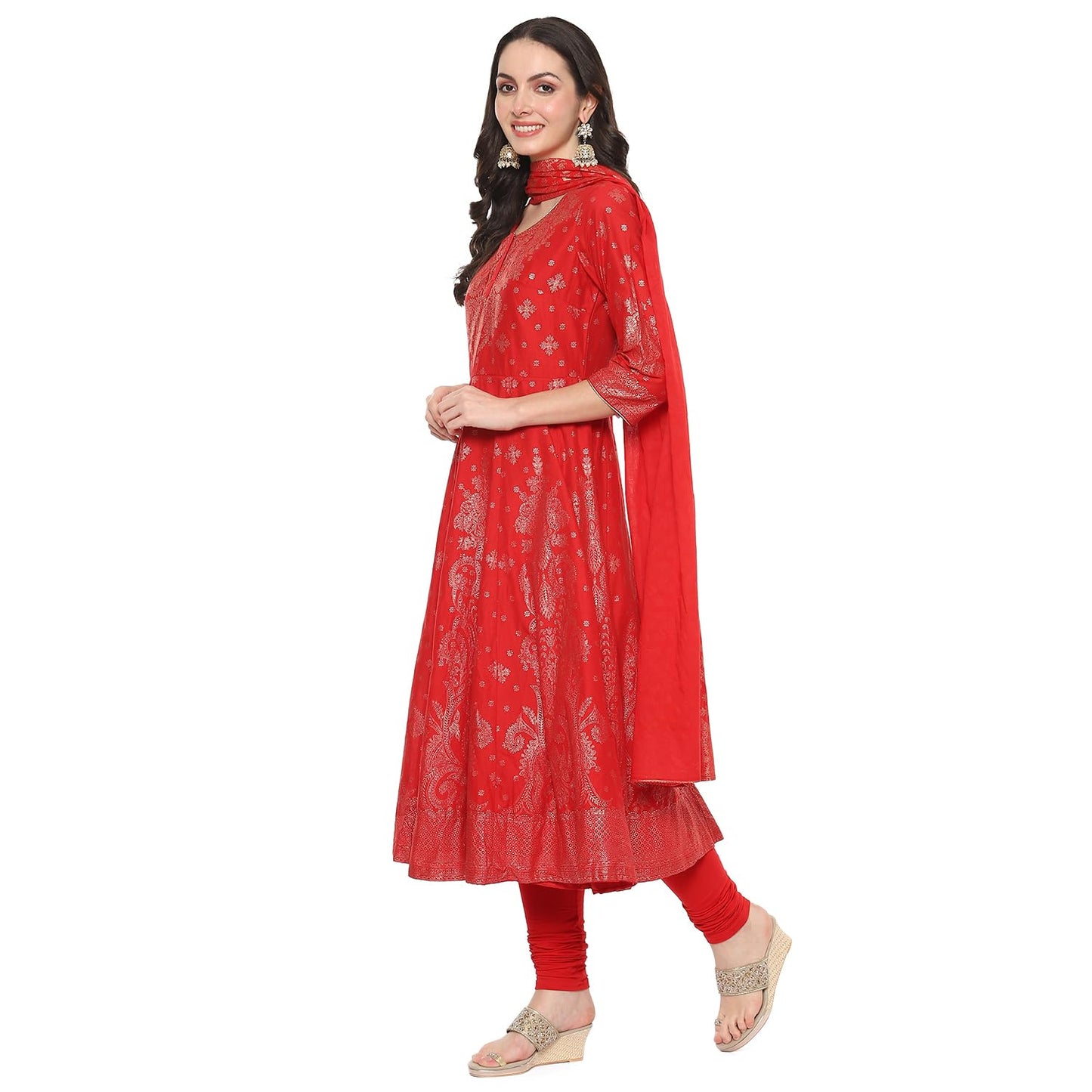 BIBA Women Cotton Printed Anarkali Salwar Kurta Dupatta(Skdgold Mur9148_Red_38)