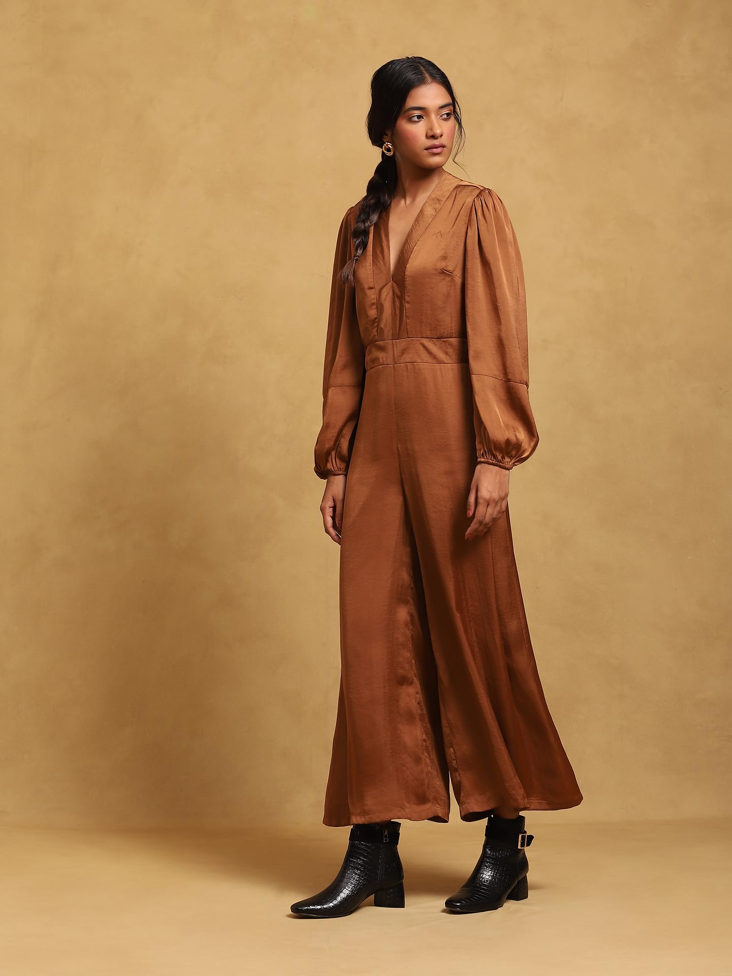 Ritu Kumar V-Neck Full Sleeves Solid Jumpsuit Brown