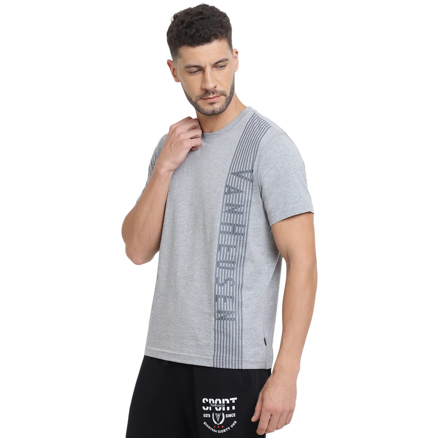 Van Heusen Men Cotton Athleisure Ultra Soft Regular Fit T-Shirt-Crew Neck, Short Sleeve_60044_Grey Melange_L