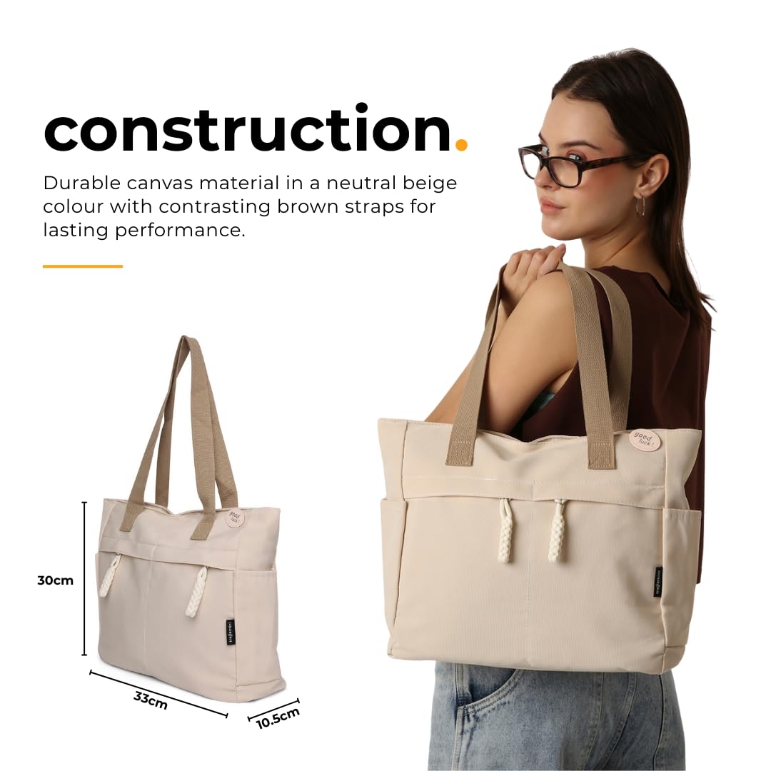 Tressential UrbanHandy Canvas Tote Bag, HandBag for Women, Multi-Pocket Design, Casual Style for Office & College (Ivory)